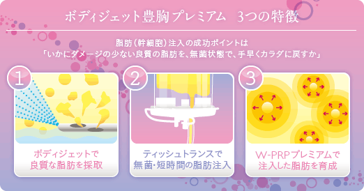 豊胸手術 ボディジェット豊胸プレミアム 3つの特徴 脂肪（幹細胞）注入の成功ポイントは「いかにダメージの少ない良質の脂肪を、無菌状態で、手早くカラダに戻すか」 1.ボディジェットで良質な脂肪を採取 2.ティッシュトランスで無菌・短時間の脂肪注入 3.W-PRPプレミアムで注入した脂肪を育成